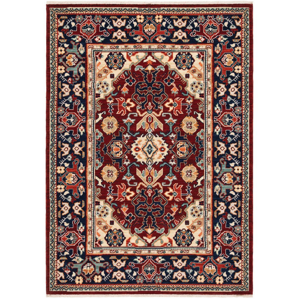 2 X 3 Red Blue Orange And Beige Oriental Power Loom Stain Resistant Area Rug With Fringe