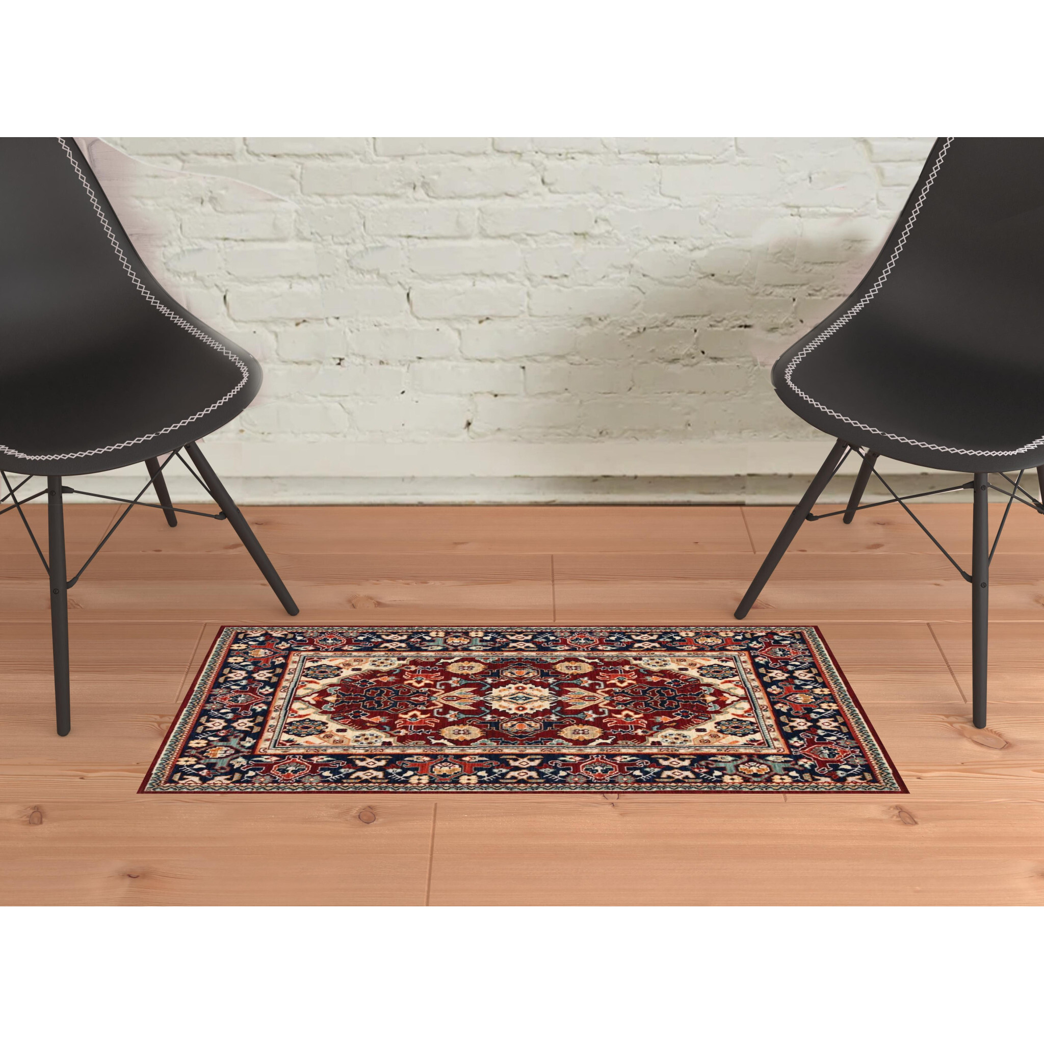 2 X 3 Red Blue Orange And Beige Oriental Power Loom Stain Resistant Area Rug With Fringe
