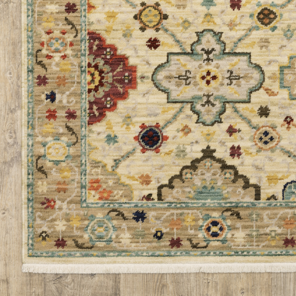 2 X 6 Beige Pale Blue Rust gold Tan Brown And Orange Oriental Power Loom Stain Resistant Runner Rug With Fringe