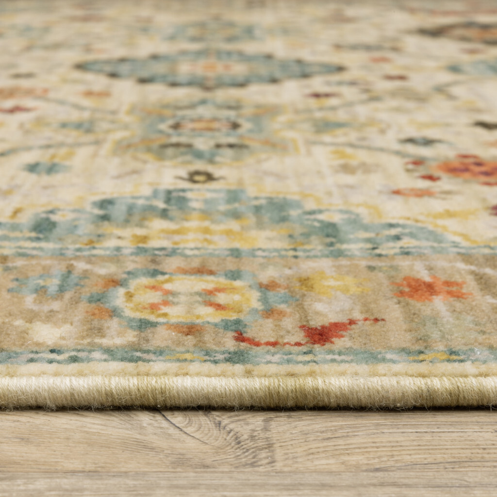 2 X 6 Beige Pale Blue Rust gold Tan Brown And Orange Oriental Power Loom Stain Resistant Runner Rug With Fringe