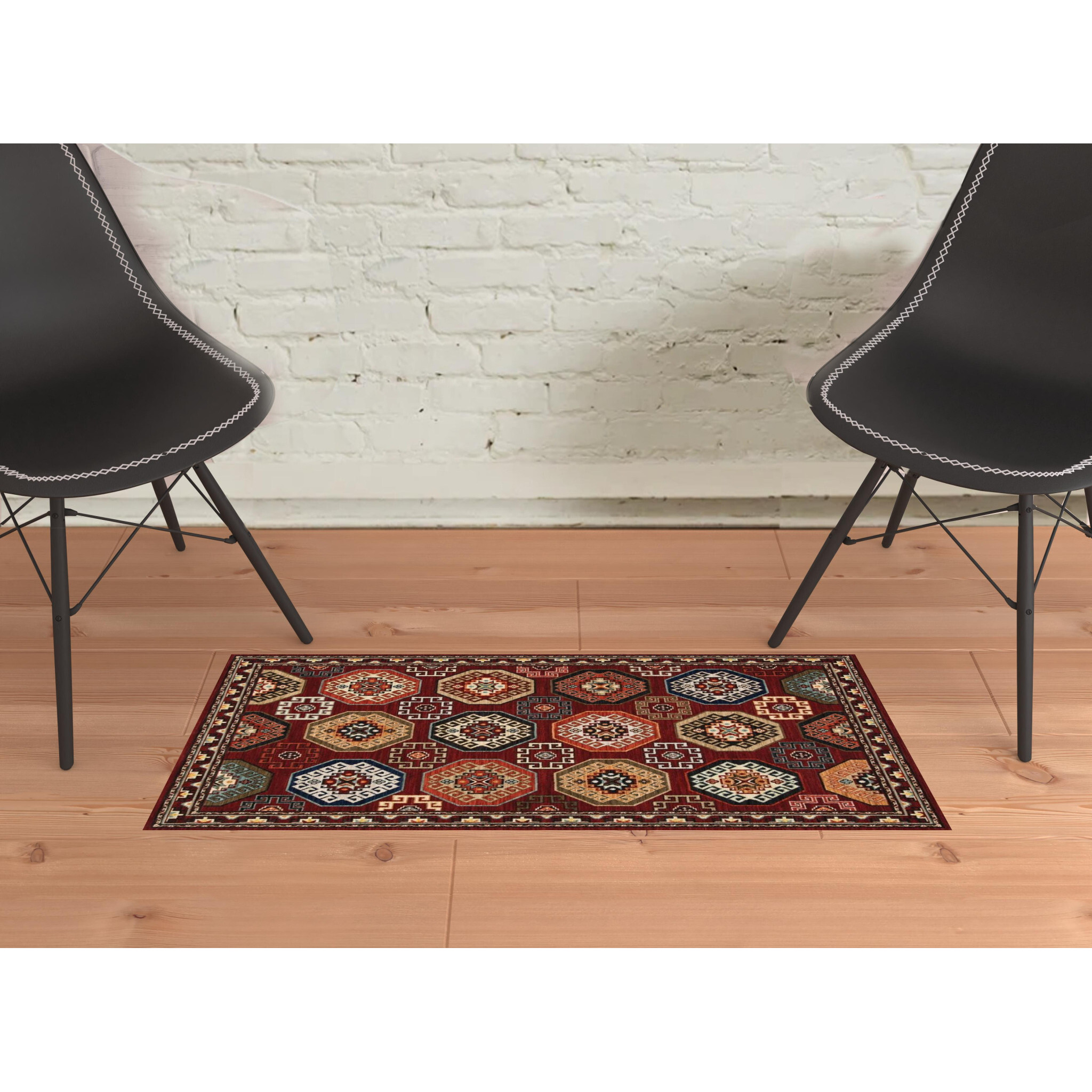 2 X 3 Red Blue Brown And Beige Oriental Power Loom Stain Resistant Area Rug With Fringe
