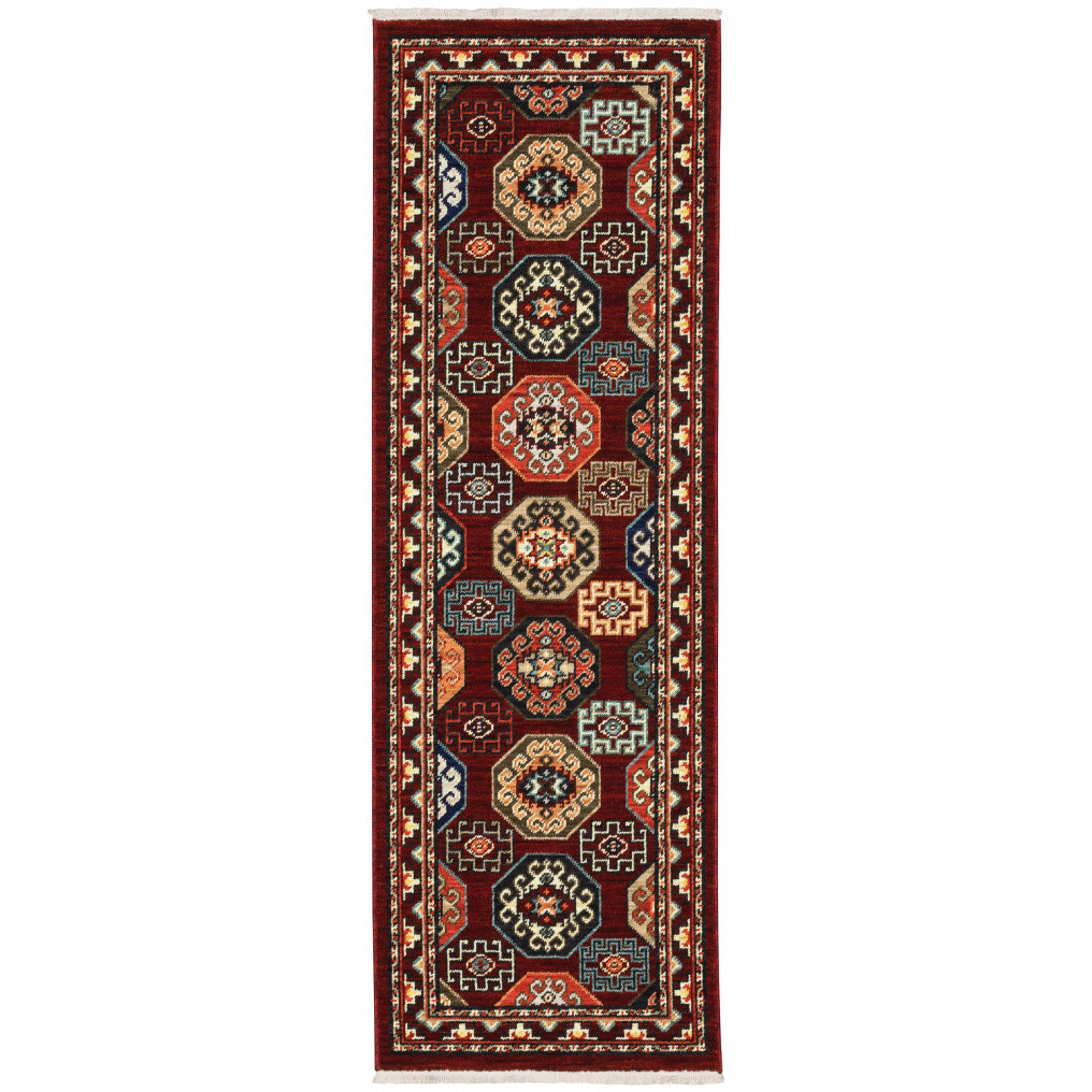 2 X 6 Red Blue Brown And Beige Oriental Power Loom Stain Resistant Runner Rug With Fringe