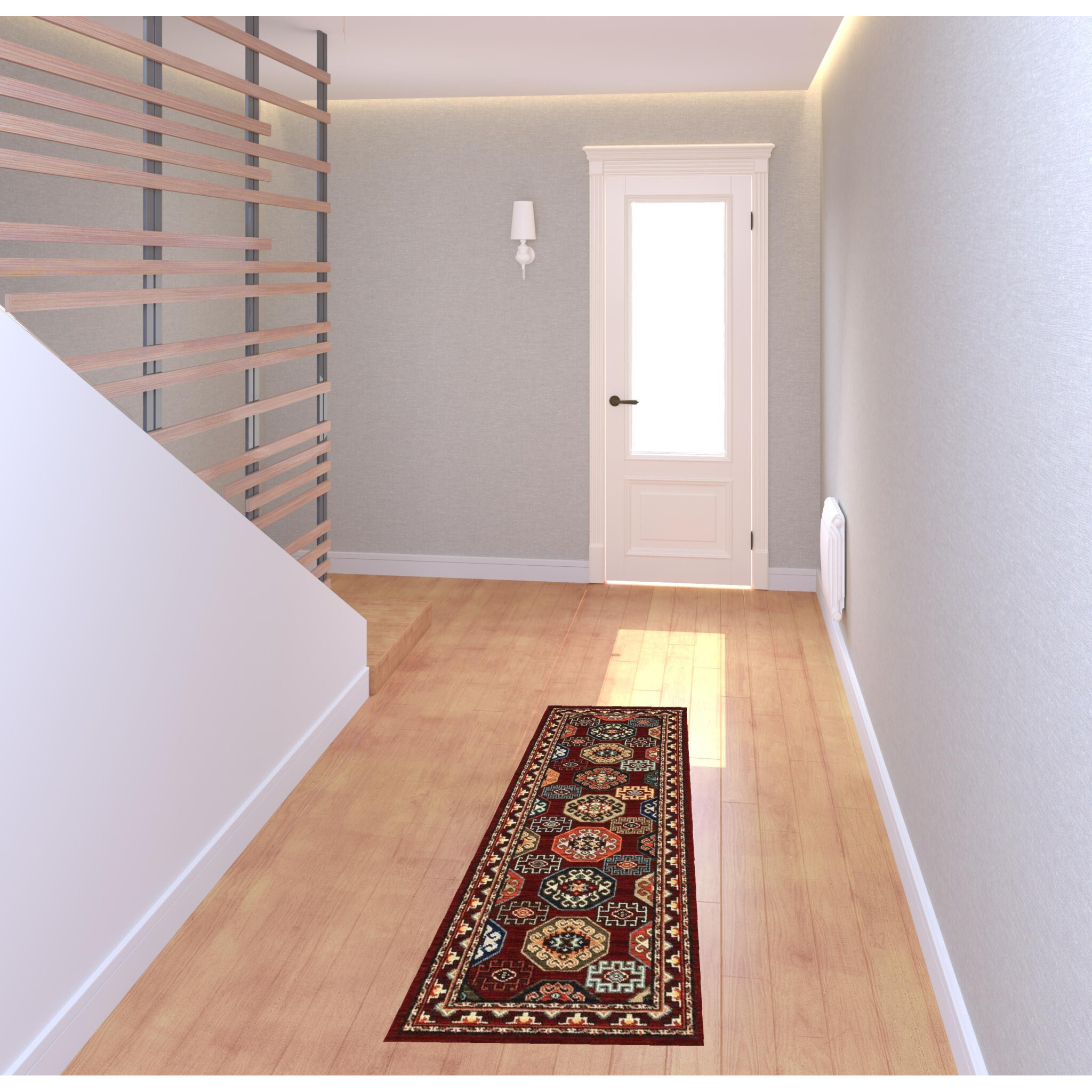 2 X 6 Red Blue Brown And Beige Oriental Power Loom Stain Resistant Runner Rug With Fringe