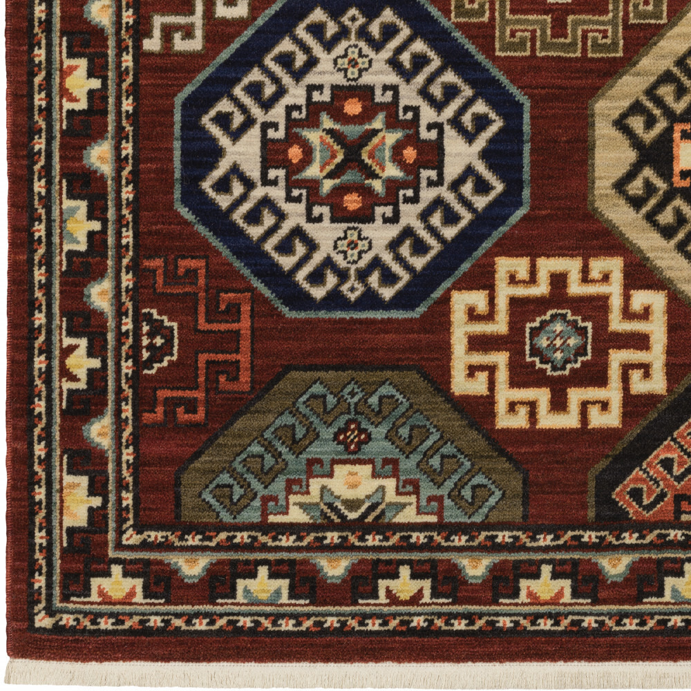 2 X 6 Red Blue Brown And Beige Oriental Power Loom Stain Resistant Runner Rug With Fringe