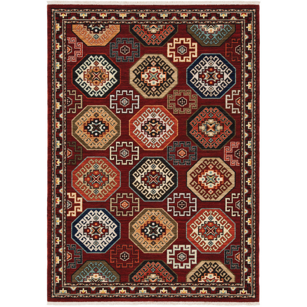 5 X 8 Red Blue Brown And Beige Oriental Power Loom Stain Resistant Area Rug With Fringe