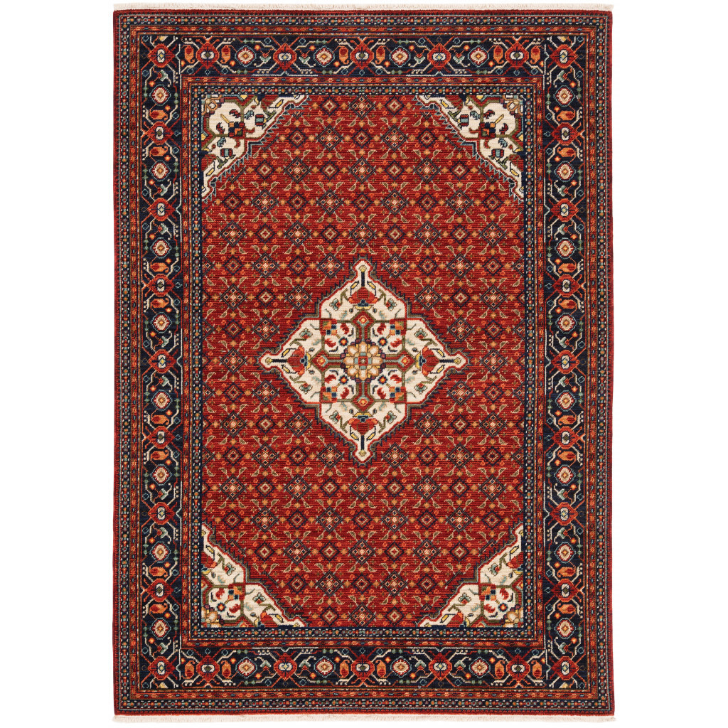 2 X 3 Red Blue Ivory And Orange Oriental Power Loom Stain Resistant Area Rug With Fringe