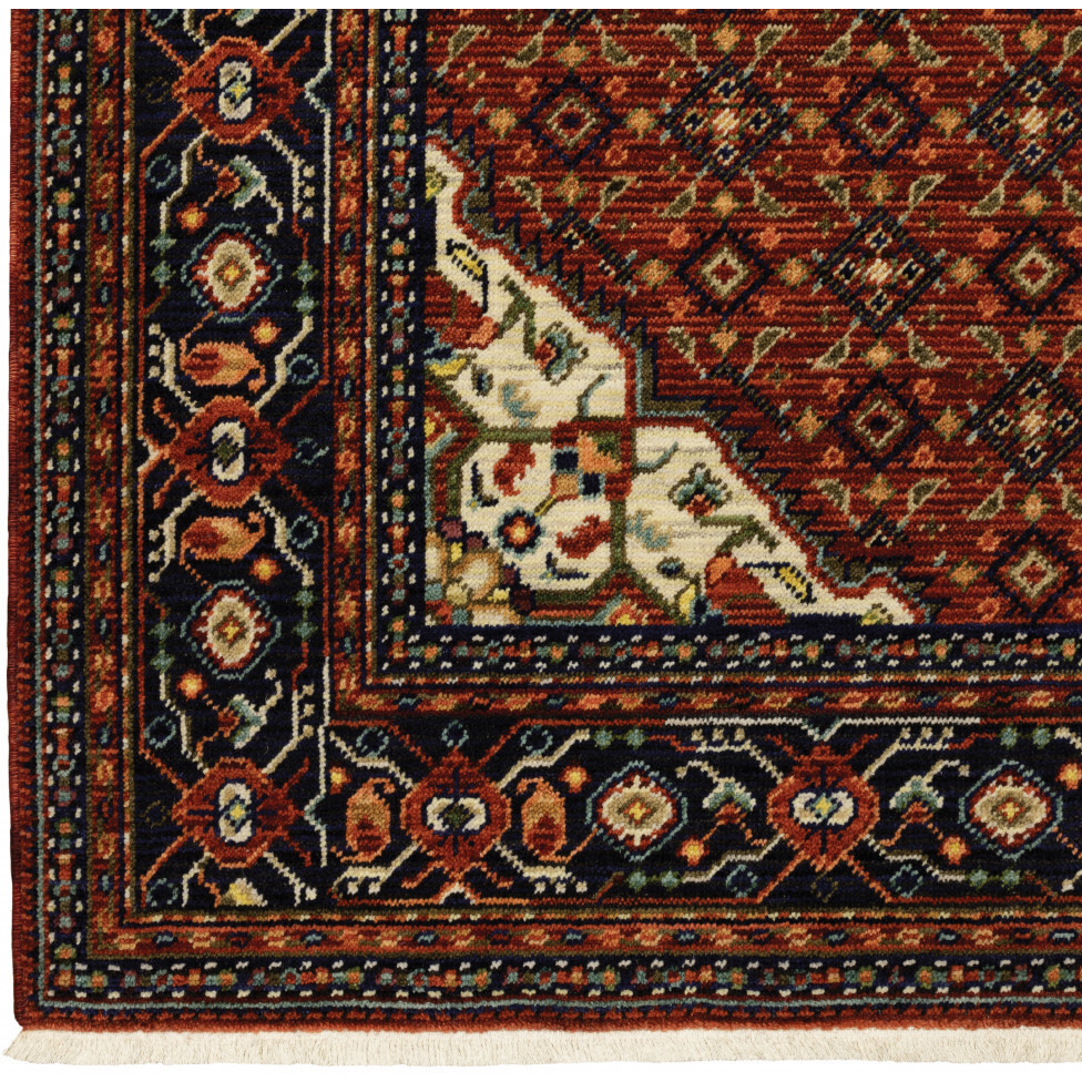 2 X 3 Red Blue Ivory And Orange Oriental Power Loom Stain Resistant Area Rug With Fringe