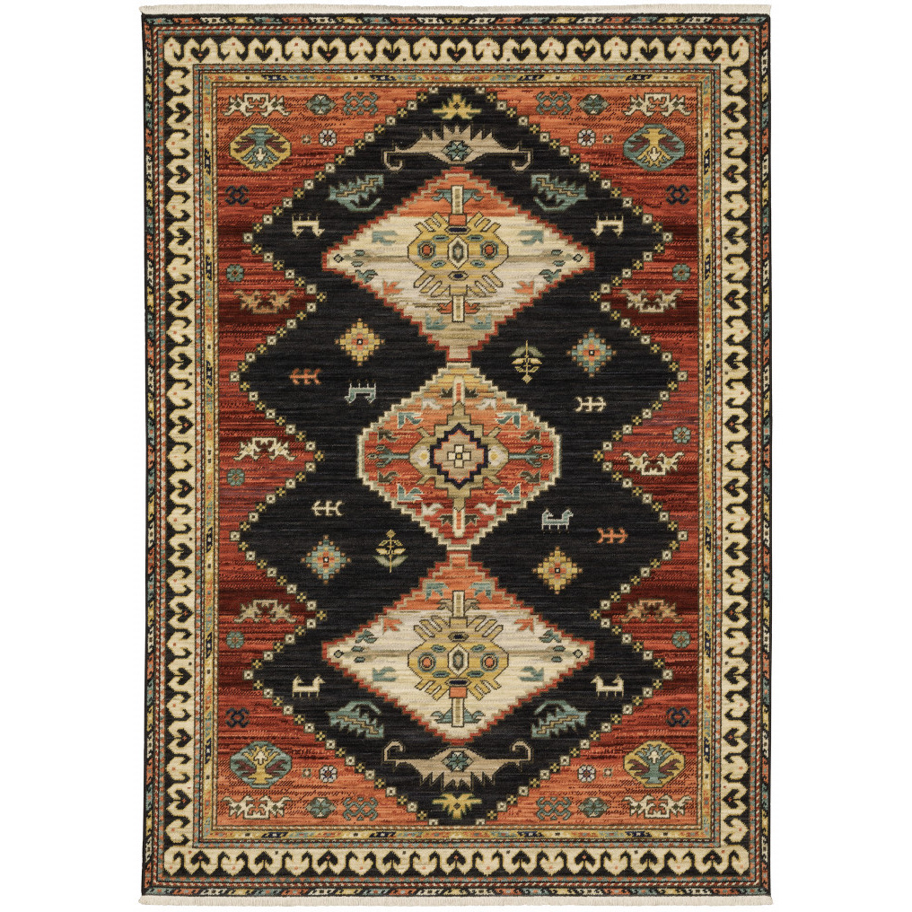 2 X 3 charcoal Brown Orange Salmon gold Navy Ivory And Pale Blue Oriental Power Loom Stain Resistant Area Rug With Fringe