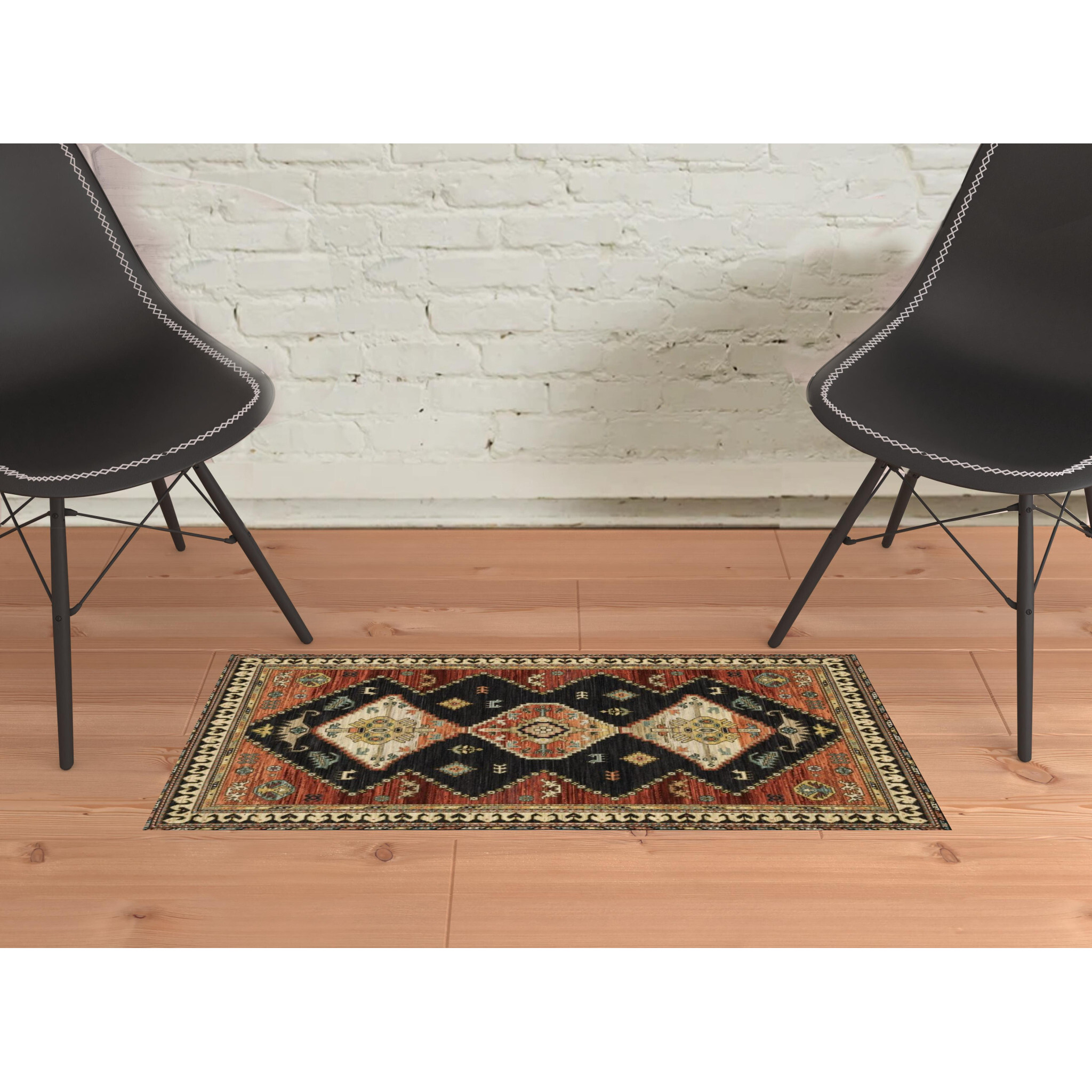 2 X 3 charcoal Brown Orange Salmon gold Navy Ivory And Pale Blue Oriental Power Loom Stain Resistant Area Rug With Fringe