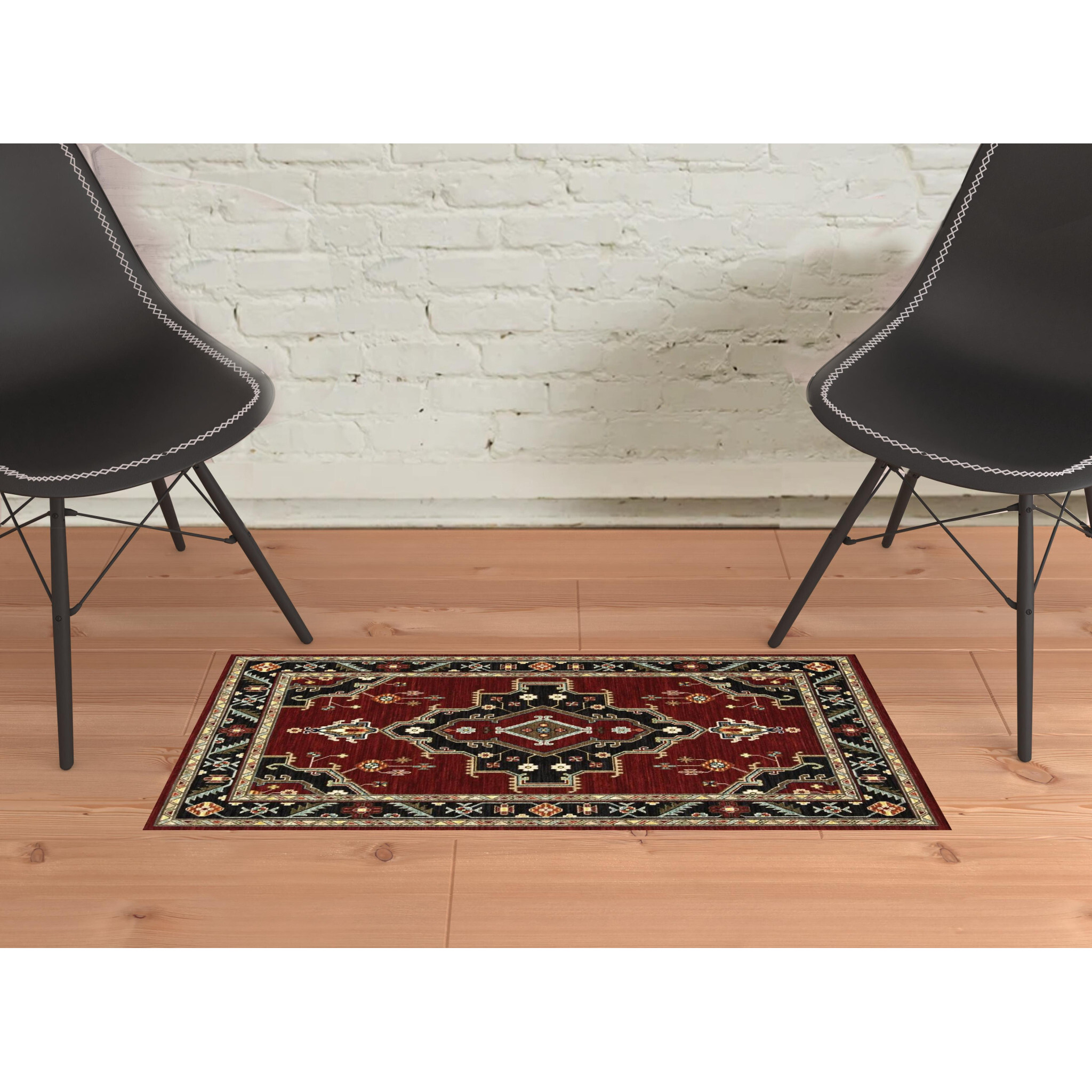 2 x 3 Red and Black Oriental Power Loom Area Rug With Fringe