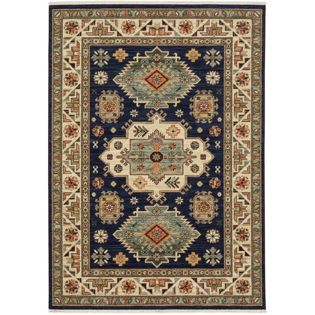 2 X 3 Navy charcoal Orange Rust gold Pale Blue Olive Beige And Salmon Oriental Power Loom Stain Resistant Area Rug With Fringe