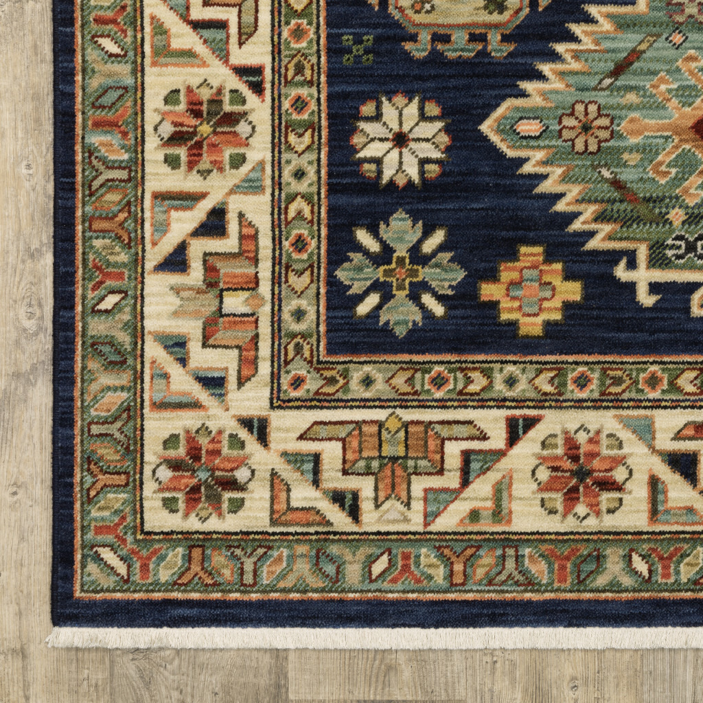 2 X 3 Navy charcoal Orange Rust gold Pale Blue Olive Beige And Salmon Oriental Power Loom Stain Resistant Area Rug With Fringe