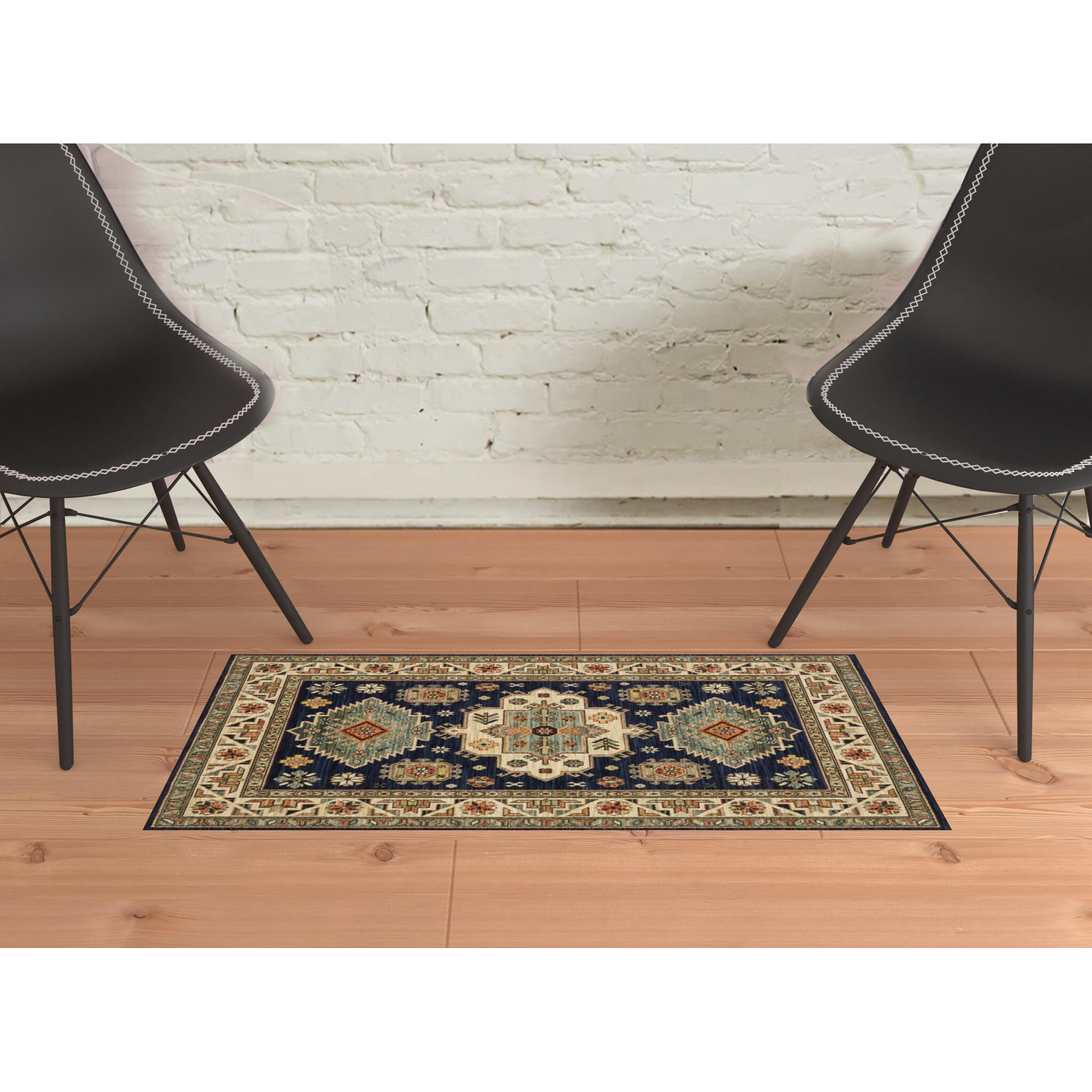 2 X 3 Navy charcoal Orange Rust gold Pale Blue Olive Beige And Salmon Oriental Power Loom Stain Resistant Area Rug With Fringe