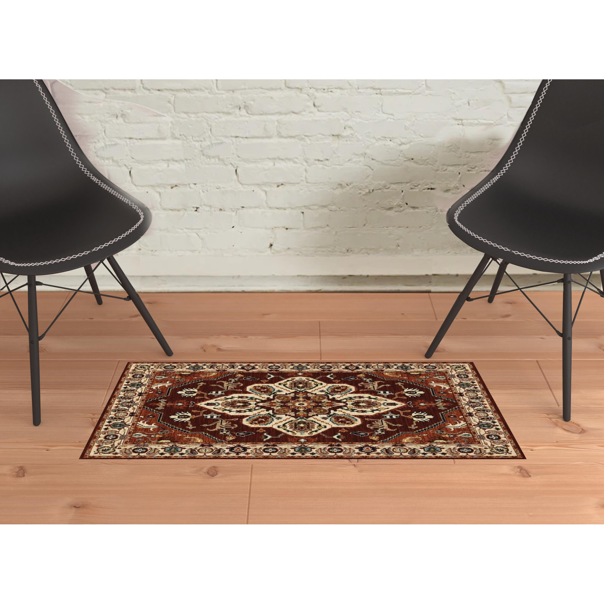 2 X 3 Red Ivory Orange And Blue Oriental Power Loom Stain Resistant Area Rug With Fringe