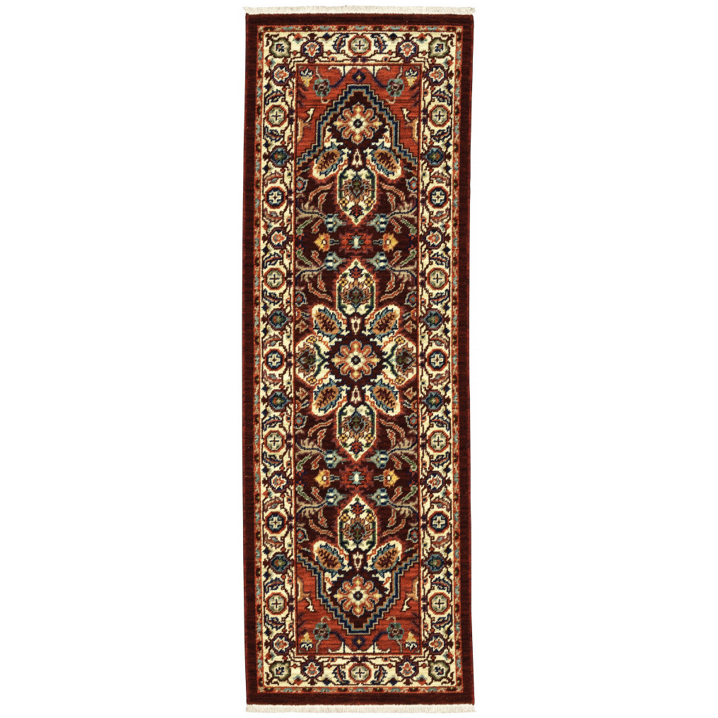 2 X 6 Red Ivory Orange And Blue Oriental Power Loom Stain Resistant Runner Rug With Fringe