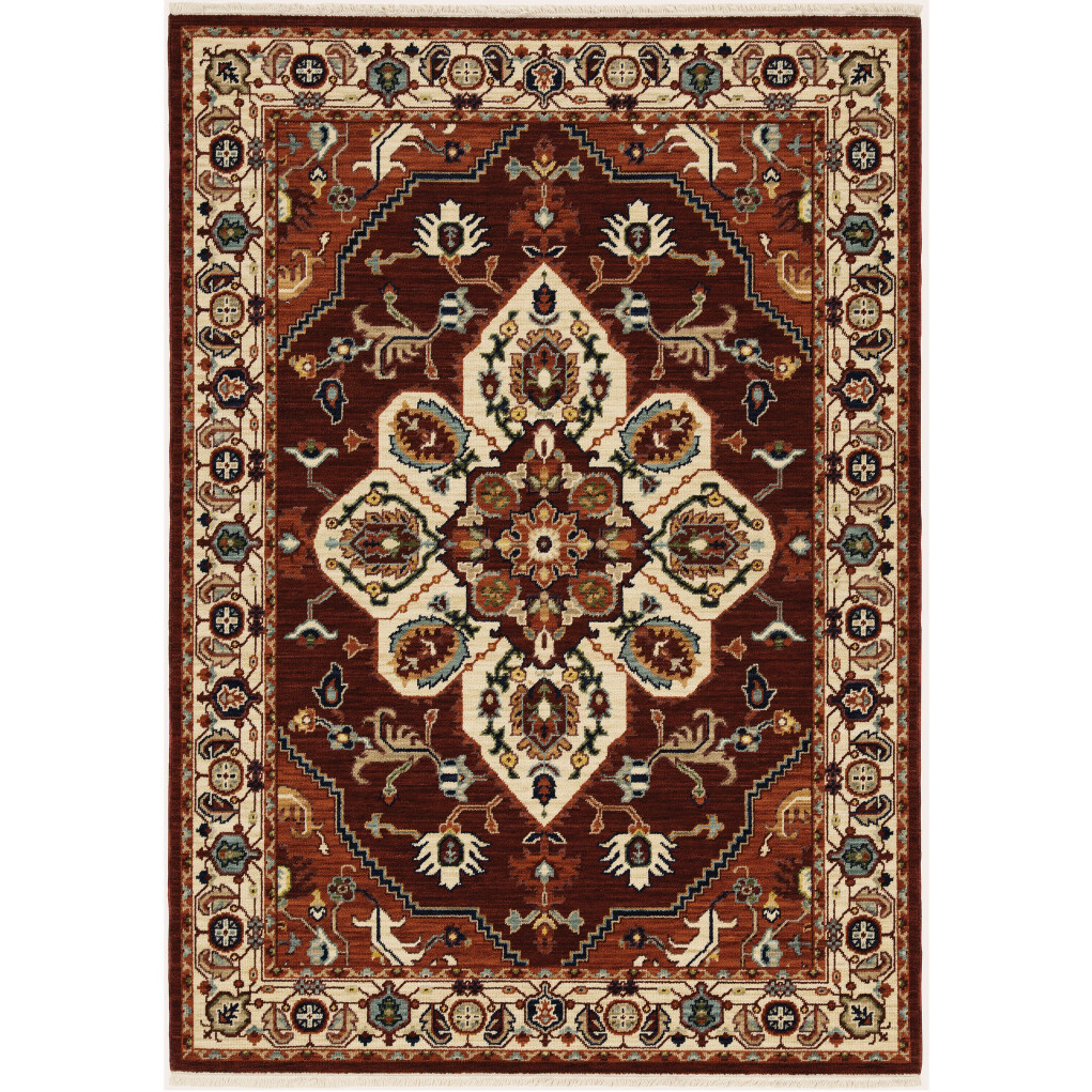 5 X 8 Red Ivory Orange And Blue Oriental Power Loom Stain Resistant Area Rug With Fringe