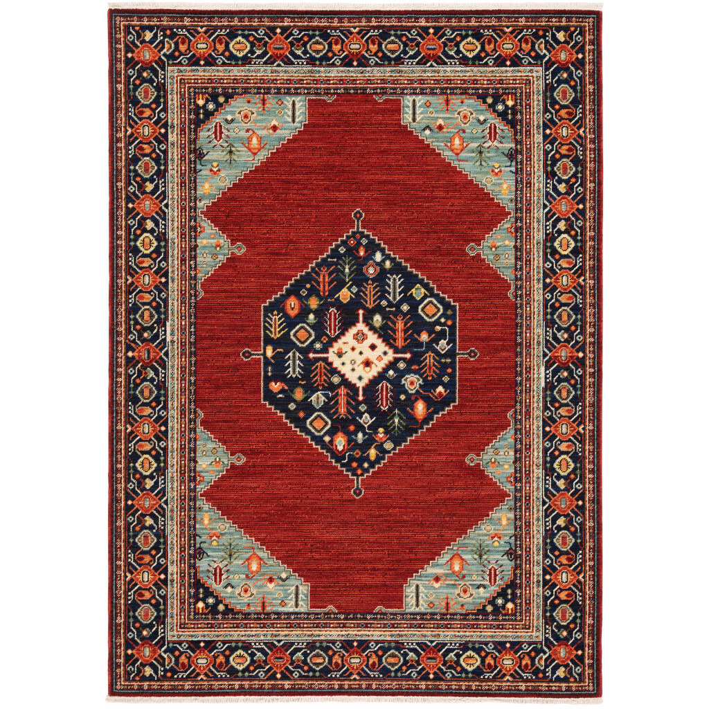 2 X 3 Red Blue Orange And Ivory Oriental Power Loom Stain Resistant Area Rug With Fringe
