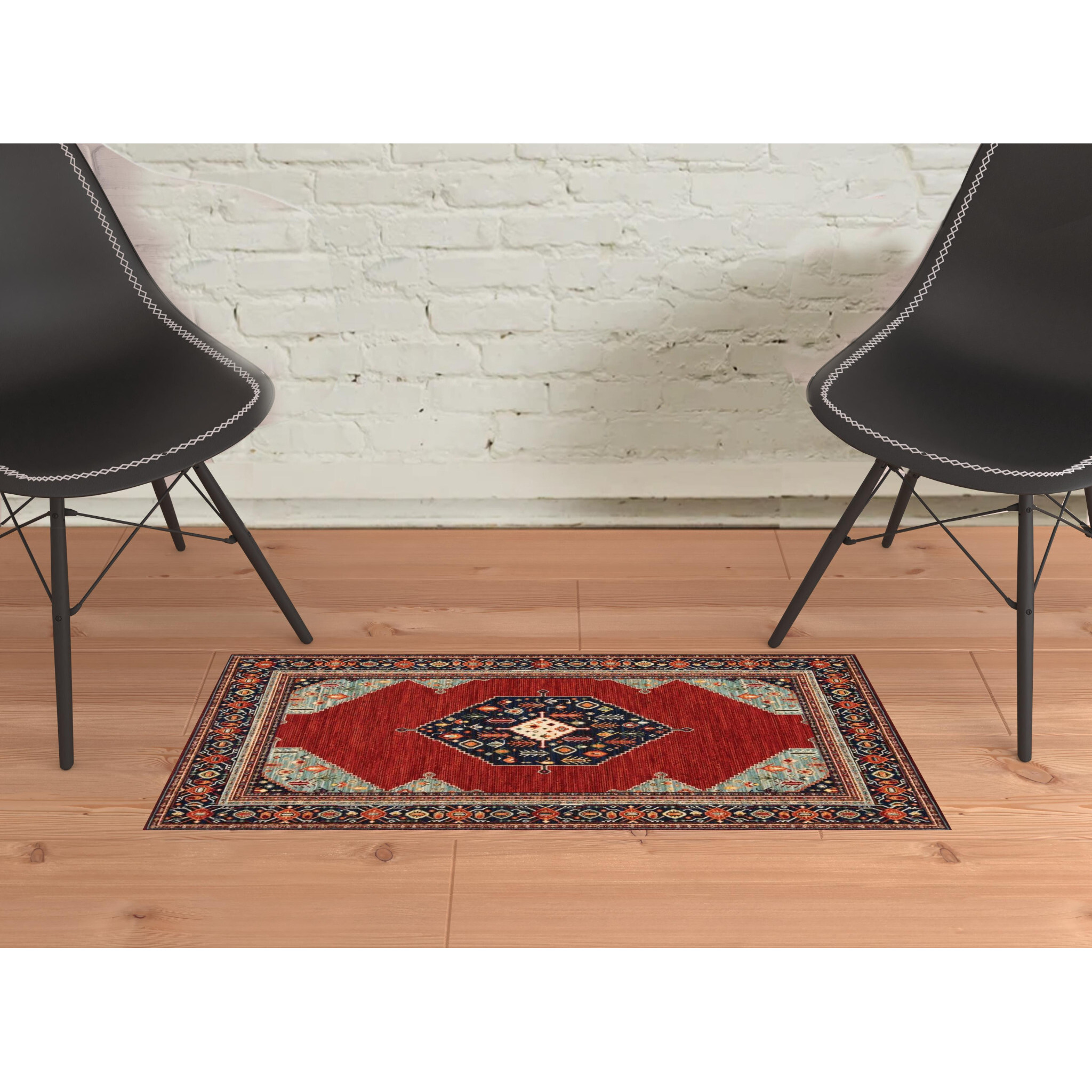 2 X 3 Red Blue Orange And Ivory Oriental Power Loom Stain Resistant Area Rug With Fringe