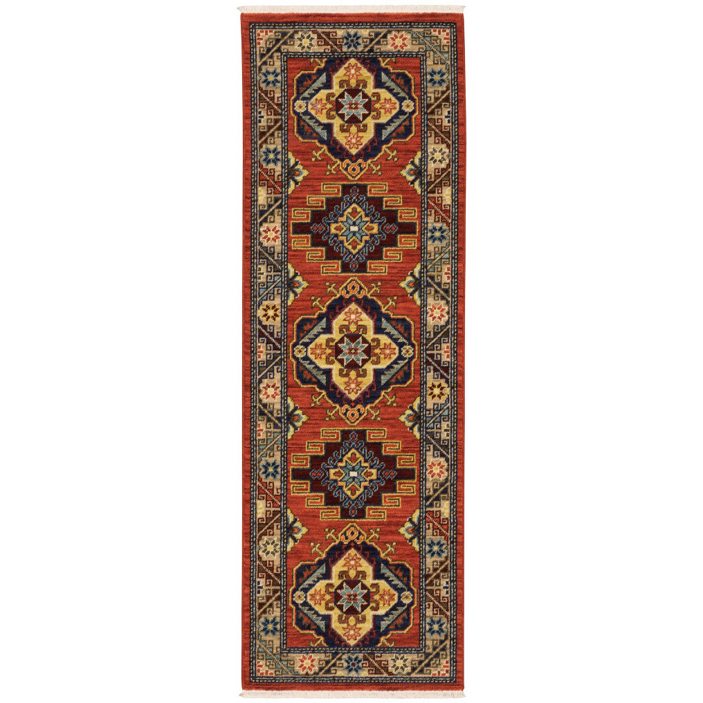 2 X 6 Red gold Blue Brown Oriental Power Loom Stain Resistant Runner Rug With Fringe