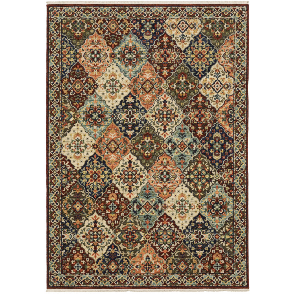 2 X 3 Red Rust Navy Light Blue Brown Orange Ivory And gold Oriental Power Loom Stain Resistant Area Rug With Fringe