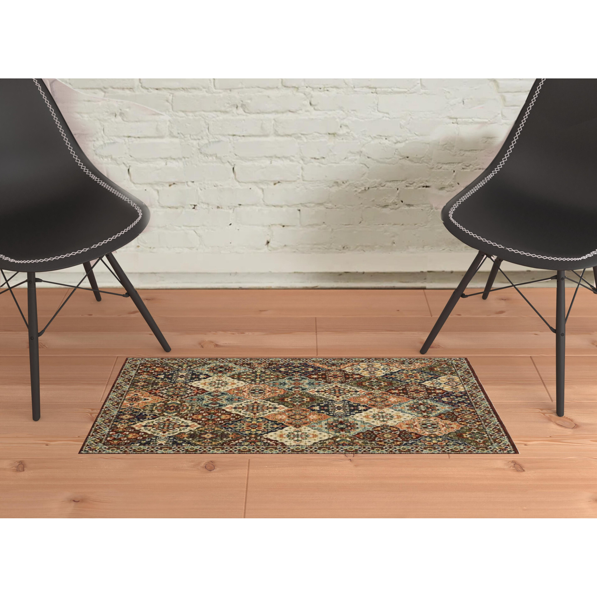2 X 3 Red Rust Navy Light Blue Brown Orange Ivory And gold Oriental Power Loom Stain Resistant Area Rug With Fringe