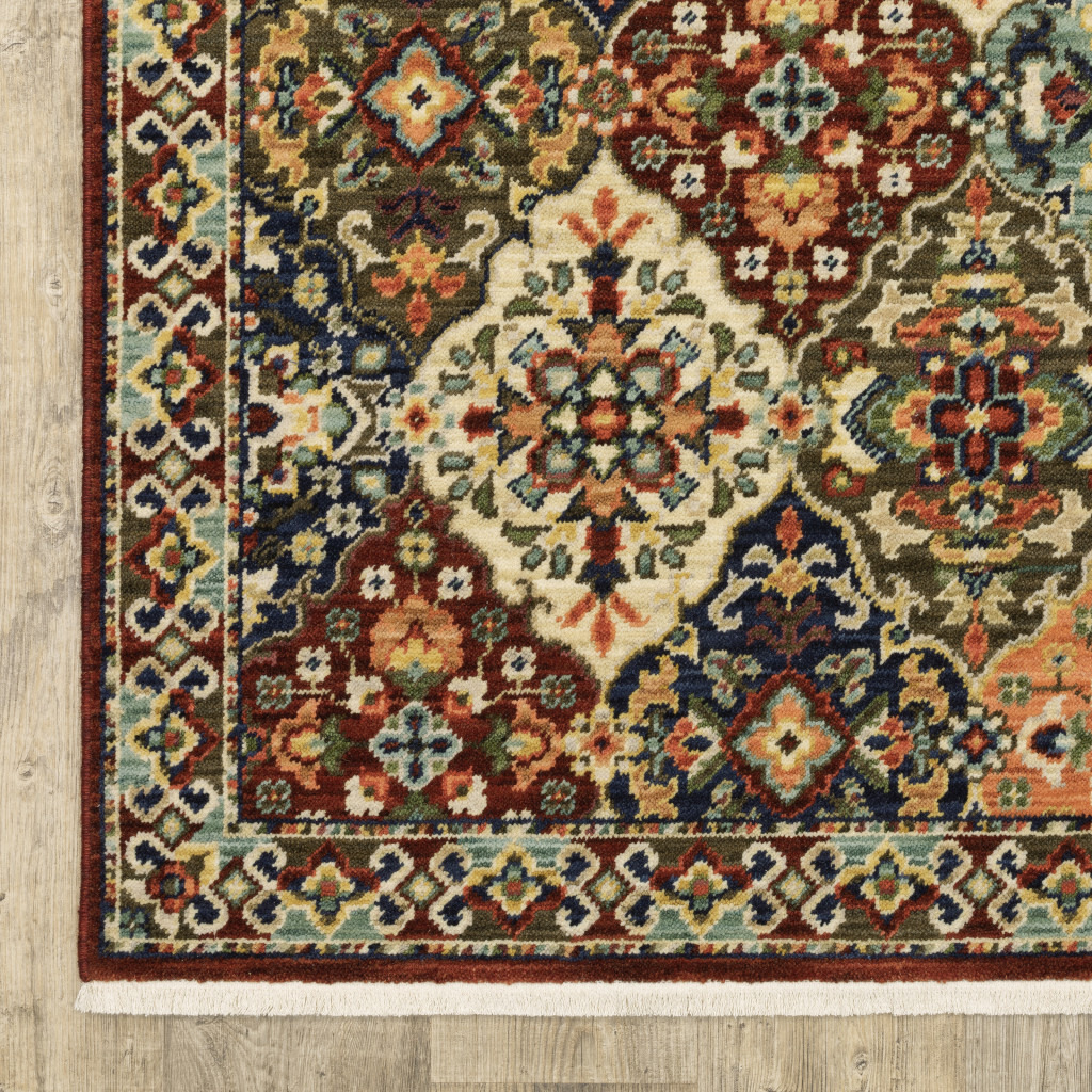 2 X 3 Red Rust Navy Light Blue Brown Orange Ivory And gold Oriental Power Loom Stain Resistant Area Rug With Fringe
