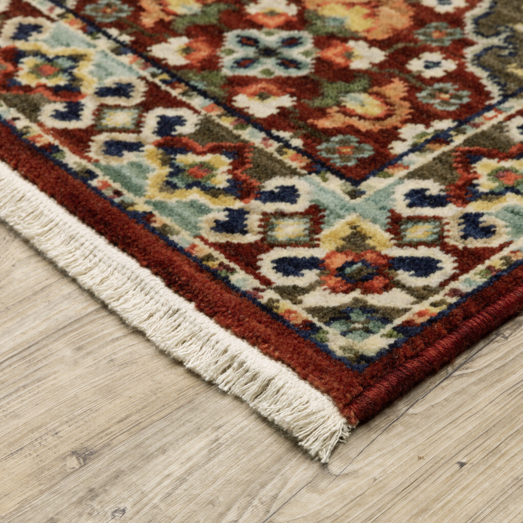 2 X 6 Red Rust Navy Light Blue Brown Orange Ivory And gold Oriental Power Loom Stain Resistant Runner Rug With Fringe