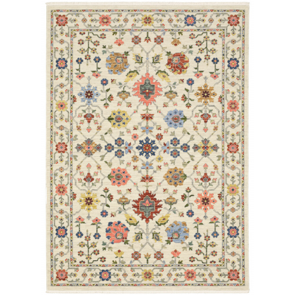 2 X 3 Ivory Oriental Power Loom Stain Resistant Area Rug With Fringe