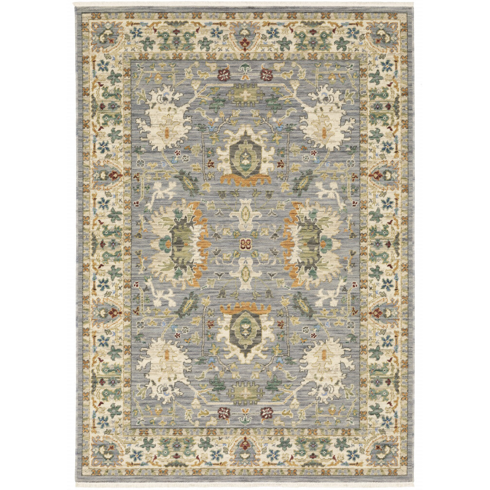 2 X 3 grey Ivory Orange Teal green charcoal Blue And Red Oriental Power Loom Stain Resistant Area Rug With Fringe