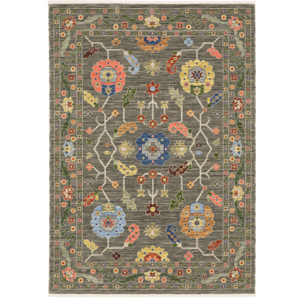 2 X 6 grey Blue Pink Orange Rust Red green And Ivory Oriental Power Loom Stain Resistant Runner Rug With Fringe