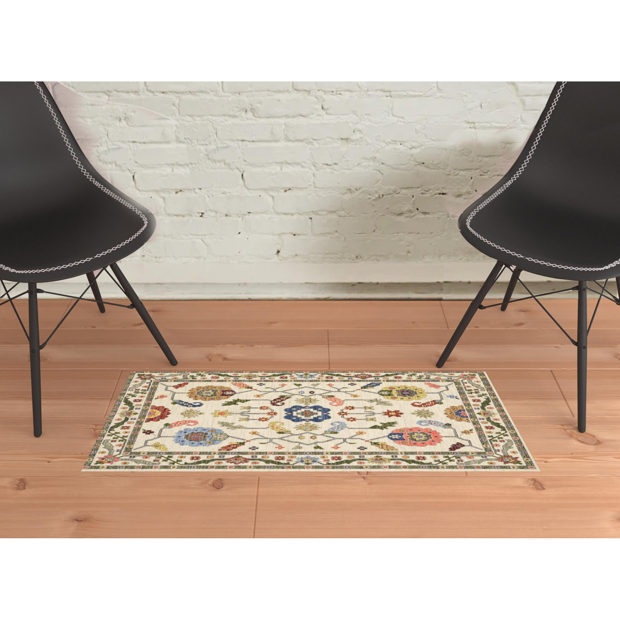 2 X 3 Ivory green Blues Pink Yellow Rust Brown Tan And grey Oriental Power Loom Stain Resistant Area Rug With Fringe