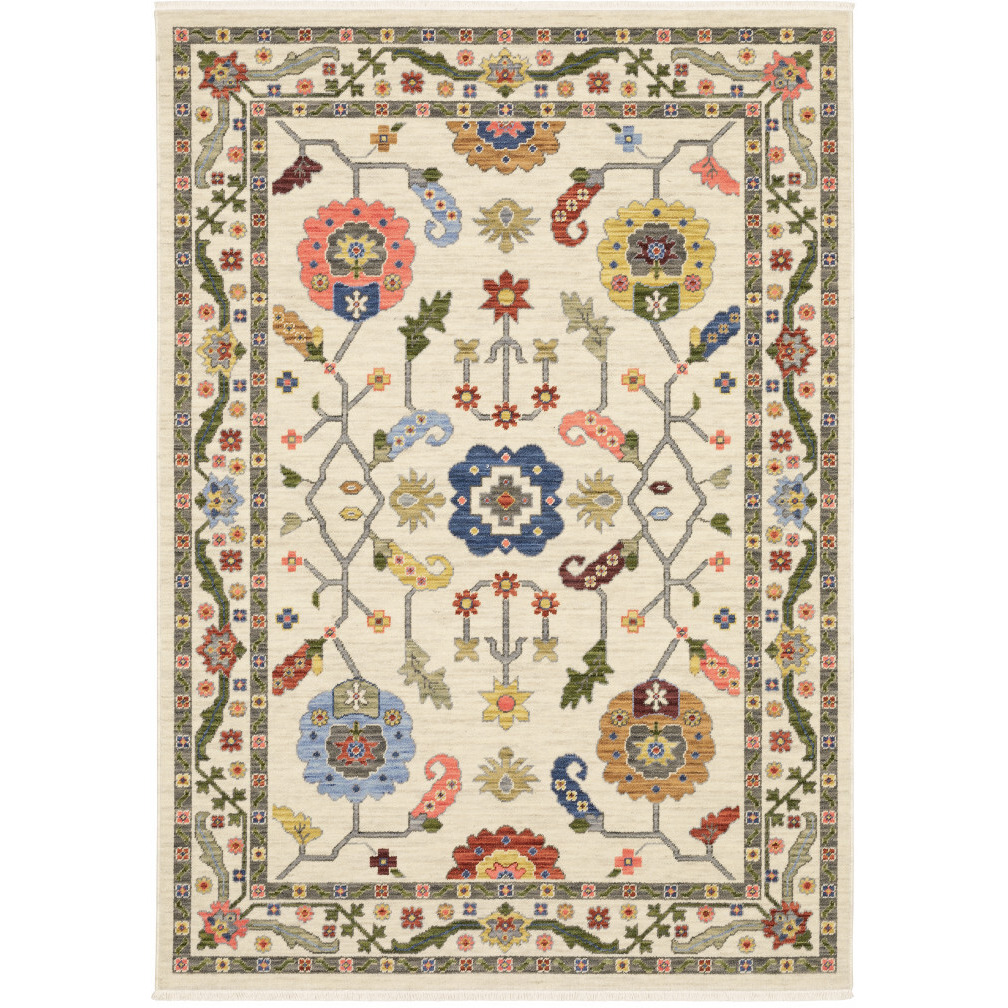 10 X 13 Ivory green Blues Pink Yellow Rust Brown Tan And grey Oriental Power Loom Stain Resistant Area Rug With Fringe