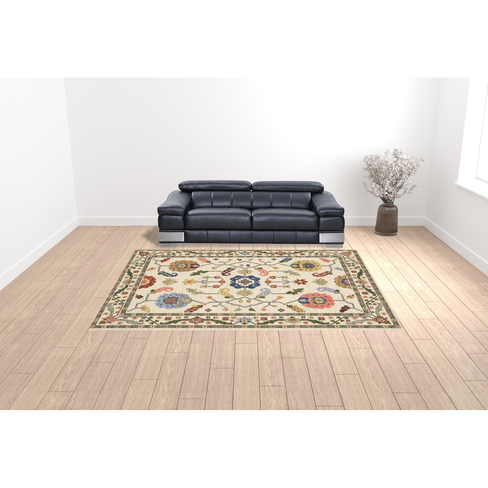 10 X 13 Ivory green Blues Pink Yellow Rust Brown Tan And grey Oriental Power Loom Stain Resistant Area Rug With Fringe