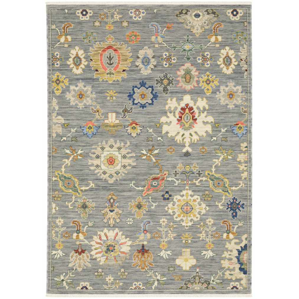 2 X 3 grey Ivory gold Salmon Red Blue And green Oriental Power Loom Stain Resistant Area Rug With Fringe