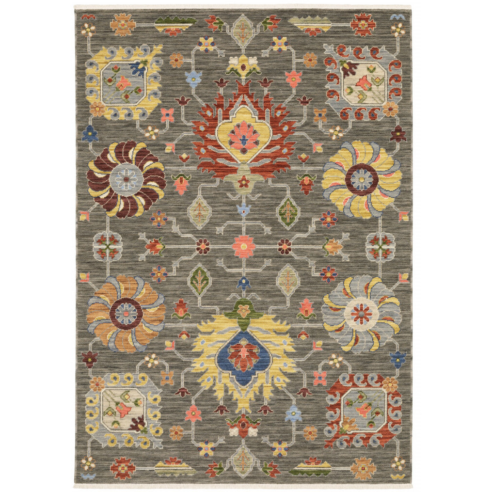 2 X 3 grey charcoal Yellow Blue Rust Red Pink green And Ivory Oriental Power Loom Stain Resistant Area Rug With Fringe