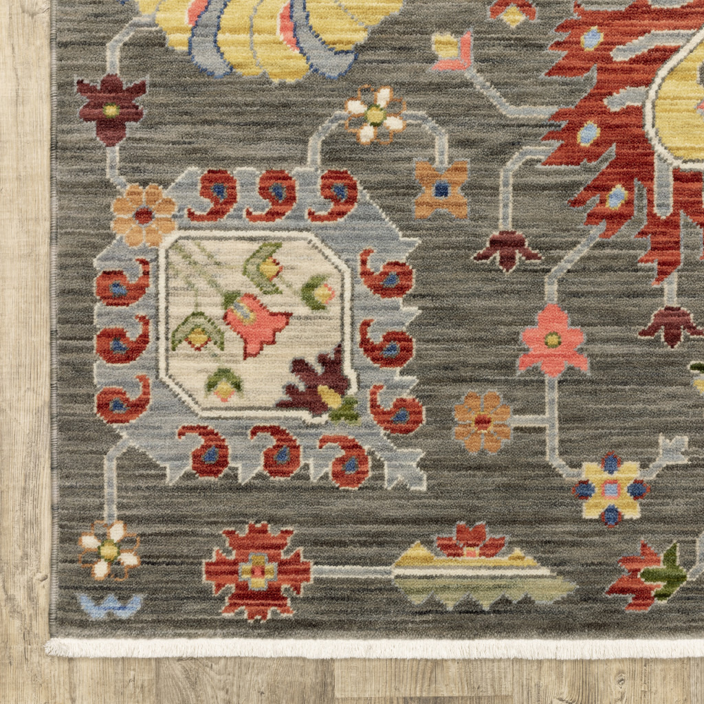 2 X 3 grey charcoal Yellow Blue Rust Red Pink green And Ivory Oriental Power Loom Stain Resistant Area Rug With Fringe
