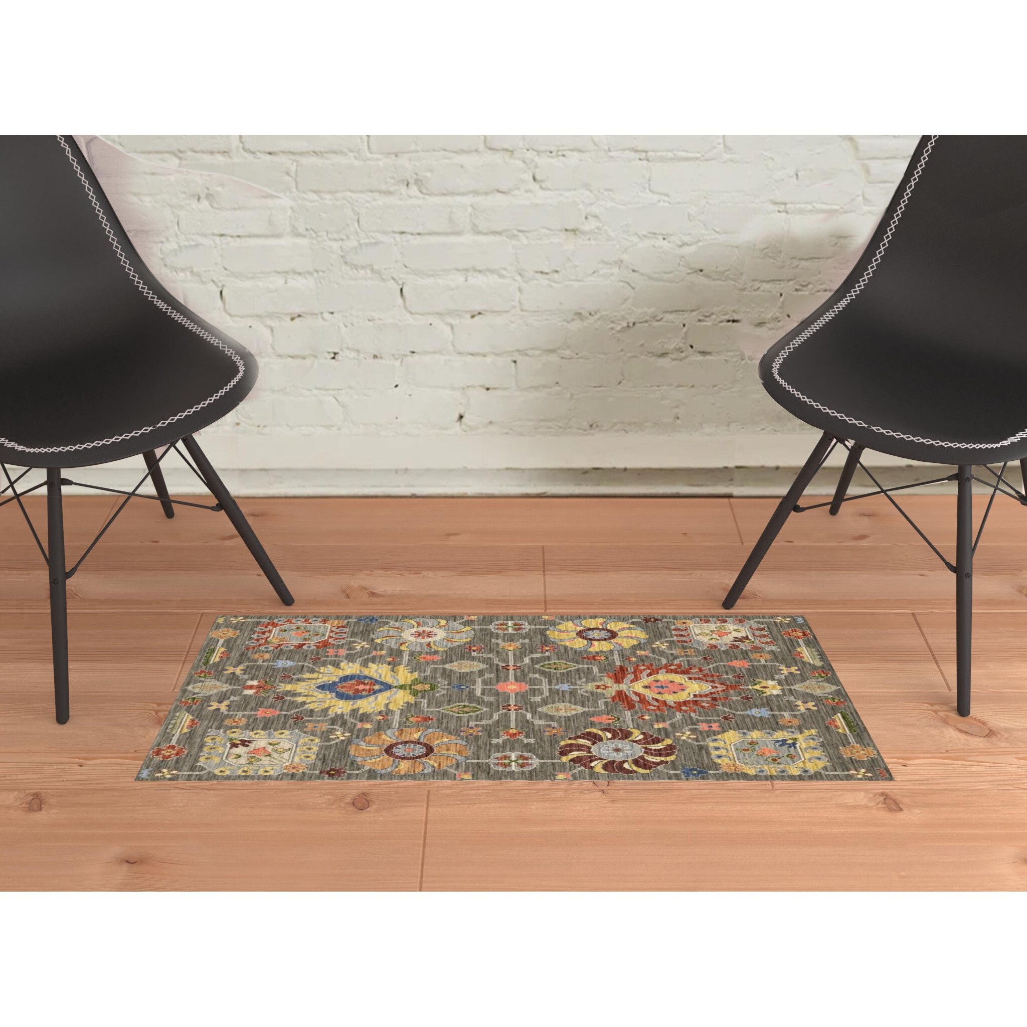2 X 3 grey charcoal Yellow Blue Rust Red Pink green And Ivory Oriental Power Loom Stain Resistant Area Rug With Fringe
