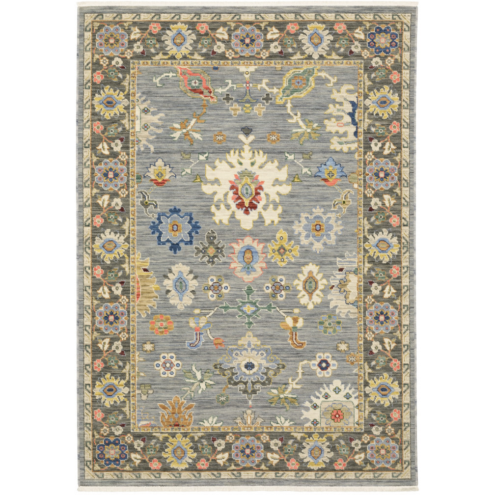 2 X 3 Blue grey gold green Pink Orange Ivory And Red Oriental Power Loom Stain Resistant Area Rug With Fringe