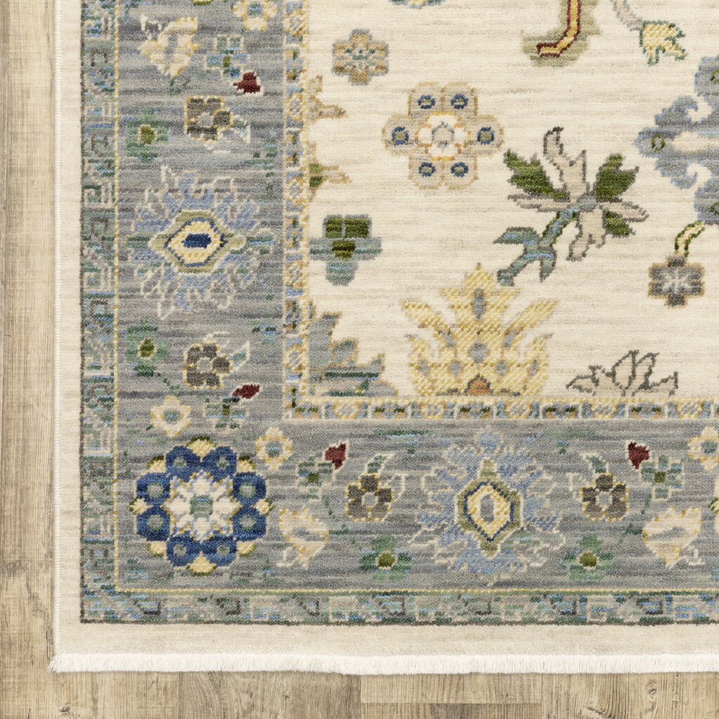 2 X 6 Ivory Blue grey Teal gold green And Rust Oriental Power Loom Stain Resistant Runner Rug With Fringe