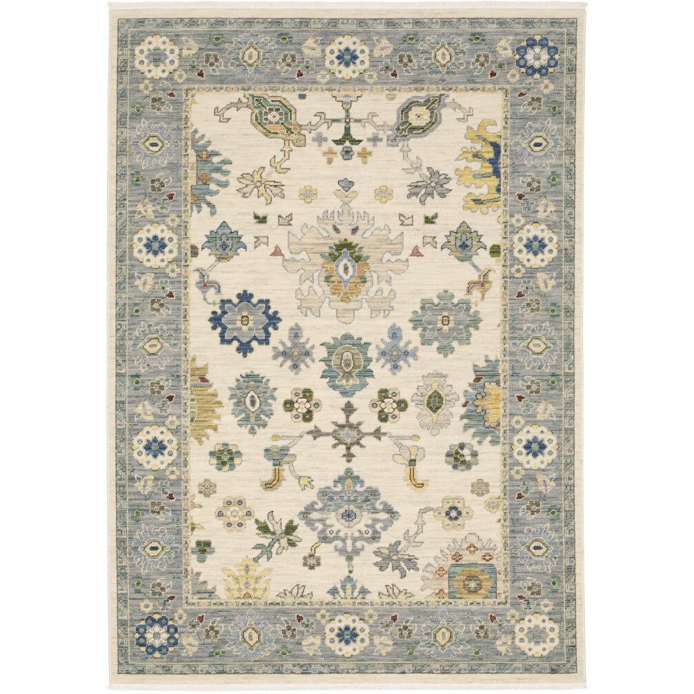 2 X 6 Ivory Blue grey Teal gold green And Rust Oriental Power Loom Stain Resistant Runner Rug With Fringe
