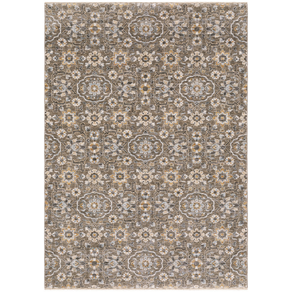 3 X 5 grey And Tan Floral Power Loom Stain Resistant Area Rug With Fringe