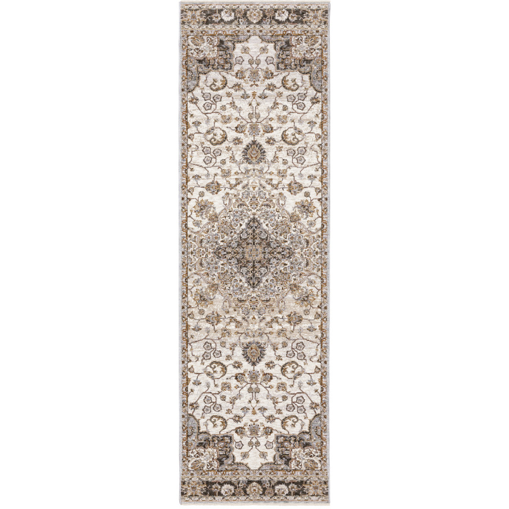 2 X 8 Ivory And Blue Oriental Power Loom Stain Resistant Runner Rug With Fringe