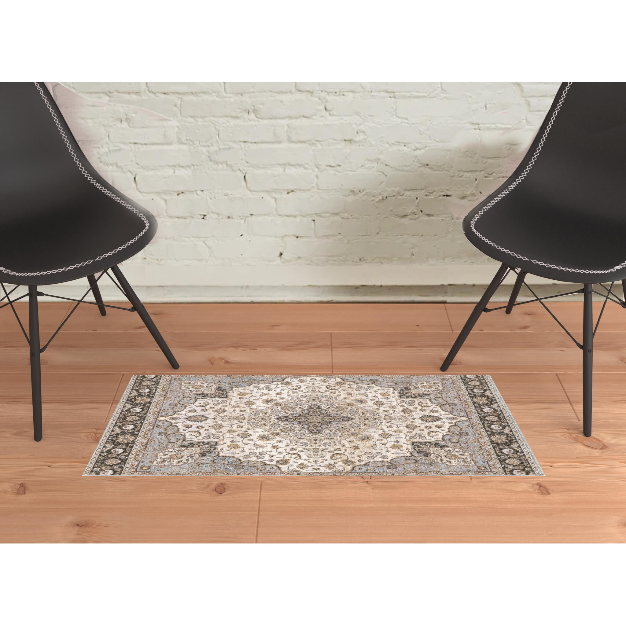 2 X 3 Ivory And Blue Oriental Power Loom Stain Resistant Area Rug With Fringe