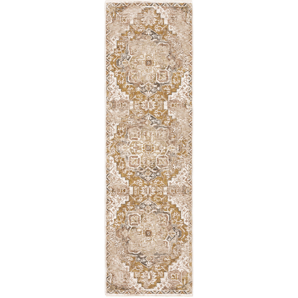 2 X 8 gold And Ivory Oriental Power Loom Stain Resistant Runner Rug With Fringe