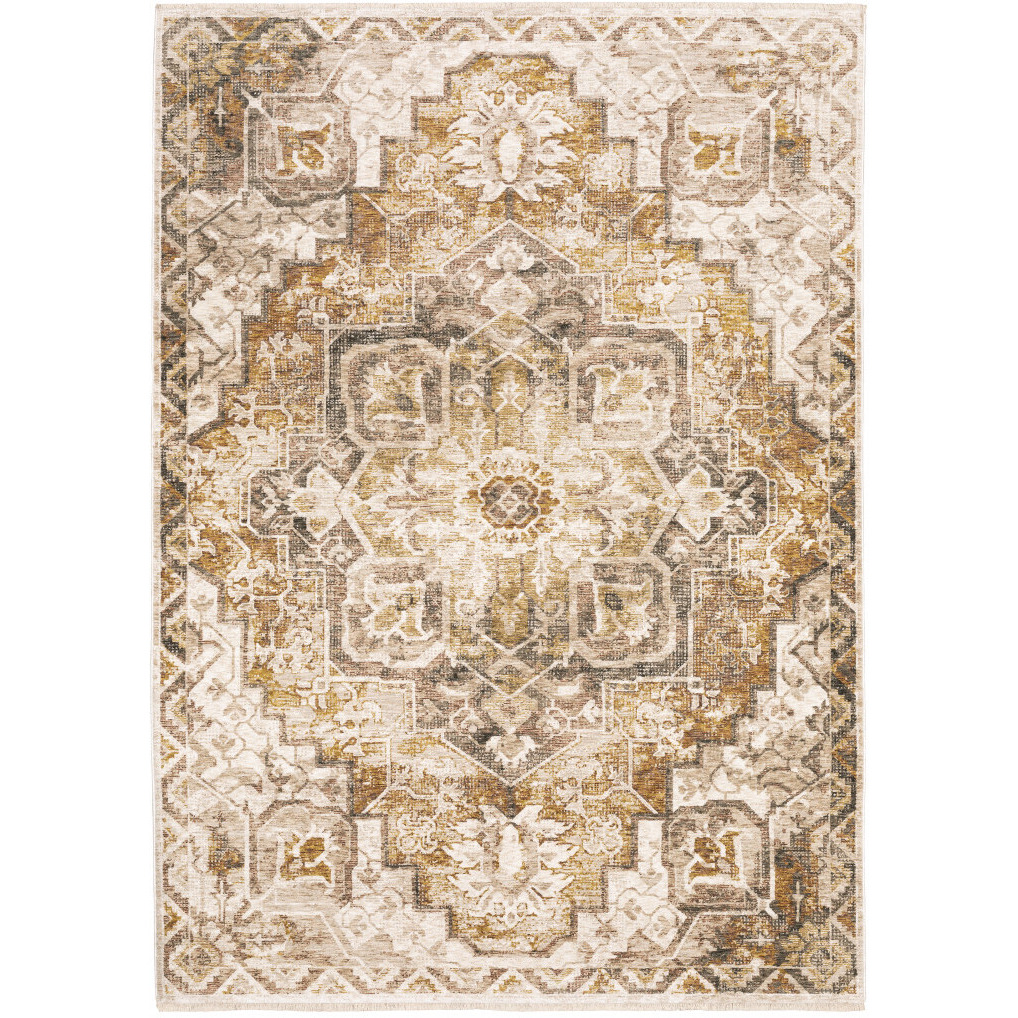 2 X 3 gold And Ivory Oriental Power Loom Stain Resistant Area Rug With Fringe