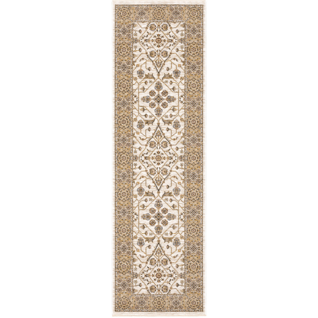 2 X 8 Ivory And gold Oriental Power Loom Stain Resistant Runner Rug With Fringe