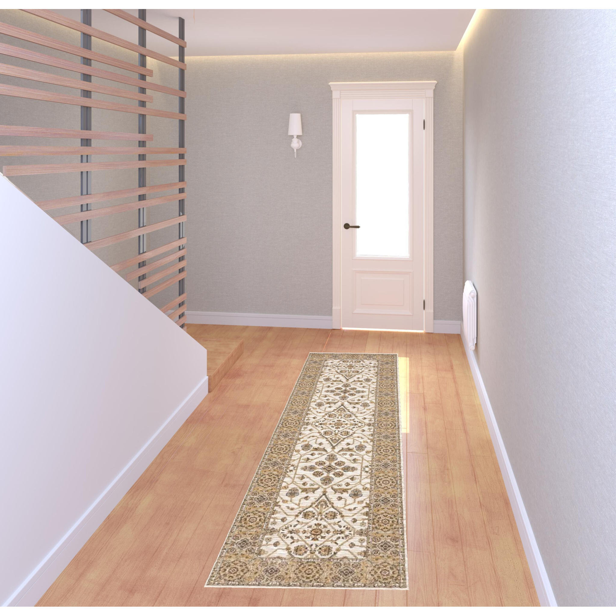 2 X 8 Ivory And gold Oriental Power Loom Stain Resistant Runner Rug With Fringe