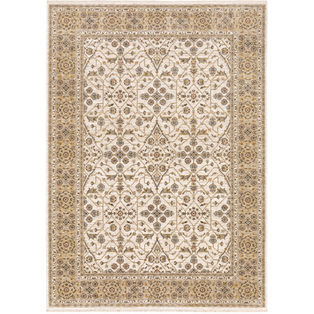 2 X 3 Ivory And gold Oriental Power Loom Stain Resistant Area Rug With Fringe