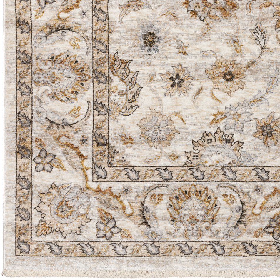 2 X 8 Ivory And grey Oriental Power Loom Stain Resistant Runner Rug With Fringe