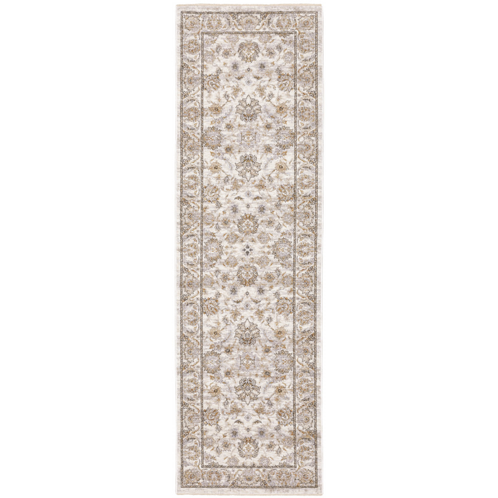 2 X 8 Ivory And grey Oriental Power Loom Stain Resistant Runner Rug With Fringe